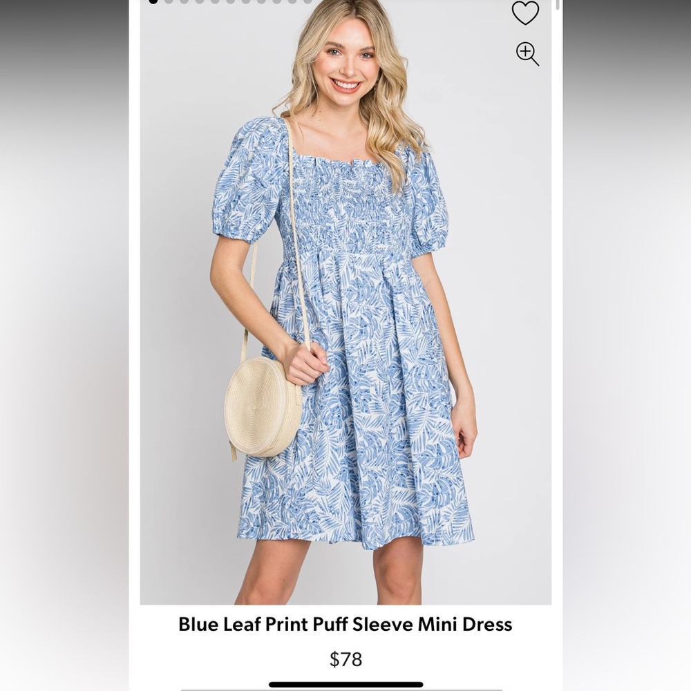 EUC pink blush Blue Leaf Print Puff Sleeve Mini Dress - worn once